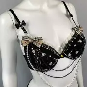 NWT Designer Plaid Pearl Chain Dangle Metallic Rhinestone Padded Bra Top Dancer