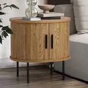 [OIKITURE] Bedside Table with Sliding Doors and Metal Legs Wooden Retro Bed Side Table