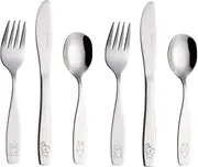 Exzact Children Cutlery 6pcs Stainless Steel, Kids Flatware Silverware - 2 x Forks, 2 x Knives, 2 x Spoons - 24M+, Dishwasher Safe (Dog Cat Bunny x 6)