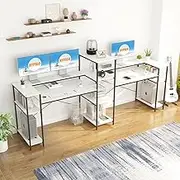 HYPIGO 109 Inches White Double Computer Desk, Extra Long Two Person Workstation with Storage Shelves & Monitor Stand, Large Office Desk Study Writing Table for Home Office