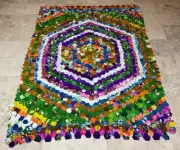 VTG Hawaiian Crepe Scrappy Hexagon Patchwork QUILT TOP UNFINISHED Hand Pieced