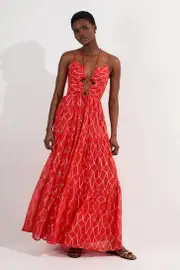 Viscose Sparkle Tie Detail Tiered Skirt Woven Maxi Dress