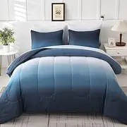 Blue Comforter Set Queen - 7 Pieces Ombre Blue White Microfiber Bedding Set - All Season Down Alternative Light Ocean Sea Abstract Bed in a Bag for All Season (90" x90")