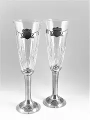 Mullingar Pewter Irish Wedding Flutes Set of 2 Claddagh Design Crystal - 8.5"