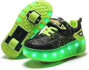 [Sily Life] Unisex Children's USB Rechargeable LED Light Skateboard Shoes with Double Wheel Wheels Fitness Shoes Gymnastics Outdoor Sports Running Trainers, Green 808, 34 EU