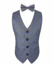 Boys Tweed Windowpane Check Waistcoat Cotton 3 Piece Pageboy Wedding Bowtie Set