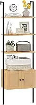 Giantex 5-Tier Ladder Bookcase with Rattan Cabinet, 184cm Tall Wall-Mounted Bookshelf with Metal Frame, Boho Open Display Shelf Storage Organizer for Living Room, Study, Home Office, Natural
