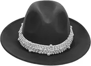 [GAROZATION] Elegant Lady's Fedora Hat Wool Felt Wide Brim with Pearl Ideal for Wedding Photo Shoots Black