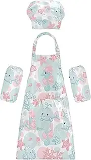 AIXIWAWA Kids Apron Chef Hat Set, Child Kitchen Bib Aprons Adjustable for Cooking Baking Painting (Kawaii Whale Starfish)