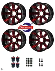 GOLF CART 12"x7" 'TEMPEST' RED/BLACK ALUMINUM OFFSET WHEELS / RIMS (SET OF 4)