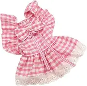 Checkered Dog Dress for Small Dogs - Polyester Cotton Girl Dog Clothes with Bow Decor & D Ring, Lace Trim Design, Size M