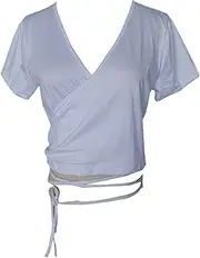 [Zylphorix] Women V-Neck Lacing Crop T-Shirt Solid Color Loop Tie Short Tops Loose Sexy Short Sleeve Blouse Tee