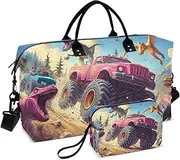 [ZRYSMY] Truck Dinosaur Funny Duffel Bag for Traveling, Travel Bag Gym Bag, with Multiple Interior Pockets Shoulder Weekender Bag for Women Men with Toiletry Bag 20.5L x 1.9W x 13.8H, Multi-Colored, one