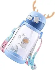BIUDECO 1pc Cartoon Antler Sippy Cup Creative Straw Bottle for Comfortable Outdoor Drinking with Strap for Training Blue