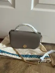 TORY BURCH Limited Edition Leather Chain Crossbody Satchel ~NWT~ Gray Heron
