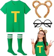 4Pcs Chipmunks Costumes Set with Chipmunk Headbands Glasses T-shirt Soccer Socks, Chipmunks Fancy Dress Outfit Party Animal Cosplay for Adults Teens World Book Day Halloween Party Dress Up