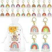 Moukeren 24 Set Rainbow Boho Macrame Tassel Keychain with Organza Bags and Thank You Tags for Rainbow Birthday Party Wedding Guest Gift Bohemian Hippie Party Supplies