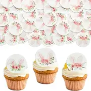 Gyufise 48Pcs Edible Floral Easter Bunny Ear Cupcake Toppers Edible Rabbit Ears Cupcake Picks Wafer Paper Day Cake Toppers for Spring Birthday Baby Shower Party Supplies