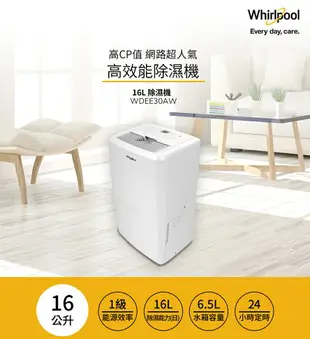 【免運費 可申請節能補助$1200 超夯款除濕機 速出貨】Whirlpool 惠而浦 一級能效 16公升 節能除濕機 WDEE30AW 除濕機