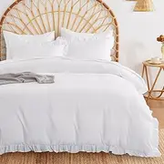 Wake In Cloud - Ruffle Quilt Cover Set, 1000TC Ultra Soft Microfiber Duvet Doona Cover Bed Bedding, 3 Piece, White, Single Size