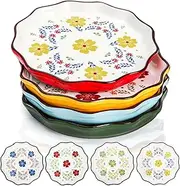 [Pumtus] 4 Pack Ceramic Dessert Plates, 7.5 Inch Small Floral Dinner Appetizer Plate, Lunch Salad Serving Dishes, Vintage Flat Pasta Bowl for Steak Fruit Pizza, Dishwasher & Microwave Safe