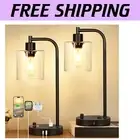 Matte Black Industrial Desk Lamps with Stepless Dimming and USB Ports - Set of 2