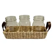 Woven Wicker Basket Caddy with 3 Glass Mason Jars & Handles- 11" W x 2" T x 3.5"