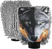 XYMZR Wolf Head Fire Absorbent Microfiber Car Wash Mitt, Funny Cute Anime Scratch Free for Cars Cleaning, Home Cleaning Mitts, 2 Pack, 10.24” L x 7.09” W