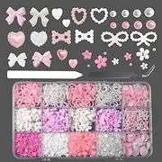 ZACHMEST 1000Pcs 3D Pink Bow Nail Art Charms, 3D Assorted Bowknot Nail Charms Pearls Gems Cute Star Heart Butterfly Bow Planet Bear Nail Decoration with Pickup Tools Manicure DIY Crafts Decorations
