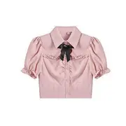 Short-Sleeve Plain Ruffle Trim Cropped Blouse / High Rise Lace-Up Mini A-Line Overall Skirt Shirt - Pink - S