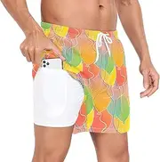 [GuoChe] Mens Swim Shorts Men 2 Layer Running Shorts Cute Balloons Orange with Compression Liner and Pockets Sport Shorts