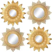 4 Pieces Big Sunburst Wall Mirror Gold Vintage Mirror Set for Home Decor Metal Hanging Round Decorative Mirrors Accessories Modern Present for Home Living Room Bedroom Entryway