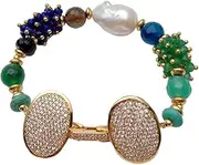 LAnGSHAW Natural Cultured White Keshi Pearl Agate Jade Smoky Quartz Onyx Bracelet 8"