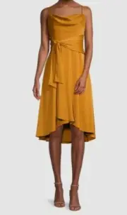$196 Aidan Mattox Women's Yellow Sleeveless Satin Cowl Neck Dress Size 2