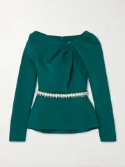 [Safiyaa] Safiyaa - Manya Belted Draped Crystal-embellished Stretch-crepe Peplum Blouse - Teal - FR 36 FR 36 Blue