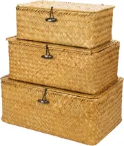 Shelf Baskets with Lid Set of 3, Handwoven Seagrass Storage Bins Box Rectangular