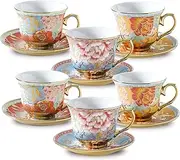 LETAOTAO Tea Cups and Saucers, Porcelain Floral Tea Cups Set, 7oz Ceramic Turkish Coffee Cup Set with Gold Trim, Tea Cups Set of 6, Cappuccino Cups for Double Espresso, Latte, Mocha, Au Lait