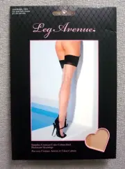 CLASSIC SPANDEX SHEER NUDE BLACK CUBAN HEEL THIGH HIGH STOCKINGS LEG AVENUE NEW