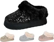 [ZJWBB] Women's Platform Flat Boots Glitter Sequin Fuzzy Slippers Warm Winter Snow Boots Indoor And Outdoor Comfy Warm