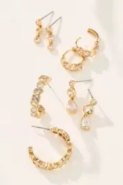 ANTHROPOLOGIE Set of 4 Glitzy Crystal Earrings Huggie Gold Hoops NWT