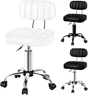 ALFORDSON Salon Stool PU Leather Upholstery with Backrest, Adjustable Drafting Rolling Stools in 49-64.5cm Height, Swivel Spa Chair with Rolling Wheels Hair Barber for Massage Table(Lina White)