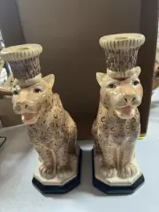 Vtg Raymond Waites Empire Cheetah Leopard Set Of 2 Ceramic Candle Holders