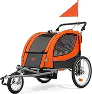 VEVOR Bike Trailer for Toddlers, Kids, Double Seat, 45 kg Load, 2-in-1 Canopy Carrier Converts to Stroller, Tow Behind Foldable Child Bicycle Trailer with Universal Bicycle Coupler, Orange and Gray