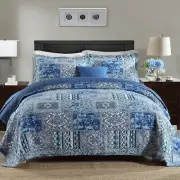 NEWLAKE Cotton Bedspread Quilt Sets-Reversible Patchwork Coverlet Set, Blue C...