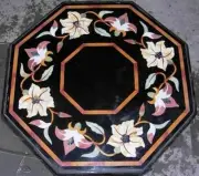 Beautiful Coffee Table Top Inlaid with Gemstone Octagon Black Marble Side Table