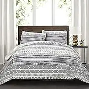 Lush Decor Hygge Geo Pattern Striped 3 Piece Quilt Bedding Set, King, Navy & White