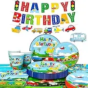Transportation Birthday Party Supplies,20 Guests Transportation Party Tableware Set-Transportation Birthday Decor Banner Plates Napkin etc Bus Car Train Themed Birthday Party Supplies for Kids
