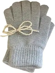 [JINZIJINYU] Winter Knitted Touchscreen Gloves Pearl Bow Finger Gloves Winter Rabbit Fur Gloves Windproof Cycling