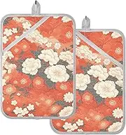 Oven Pot Holders Heat Resistant Japanese Style Orange Flowers Potholder with Pocket Hotpads Kitchen Oven Mitts 2 Pack