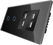 CNBINGO Touch Light Switch with 4 USB Ports 2.4 Amp - Touch Switch Double with Glass Frame and Status LED - Wall Switch Flush-Mounted in Black - 500 W/Gang